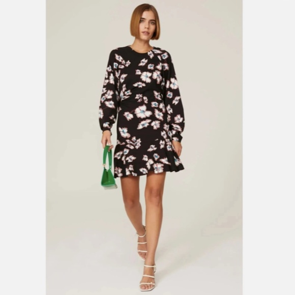 Tanya Taylor Noemie Floral Printed Mini Dress Long Sleeve Black White Size 4 - Picture 3 of 9